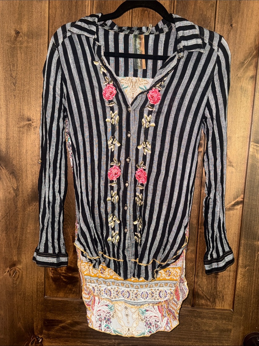 Aratta Black & Gray Striped Button-Down Top with Pink Rose Embroidery
